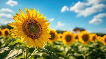 A vibrant sunflower field under a bright blue sky, with bees buzzing and a rustic farmhouse in the distance, evoking warmth and joy