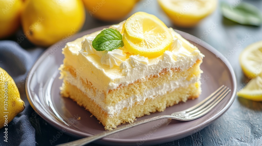 Poster Lemon cake with a fork beside. 