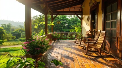 Obraz premium A beautiful wooden porch with a natural, peaceful setting.