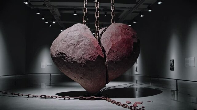 Dramatic broken stone heart suspended by chains in dark art gallery
