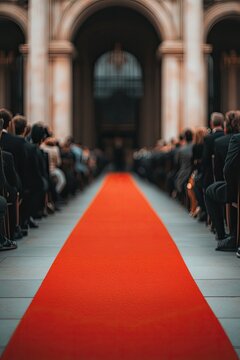 Elegant red carpet leads to grand venue, framed by attentive gue