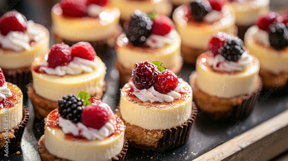 Poster mini cheesecakes arranged on a tray.