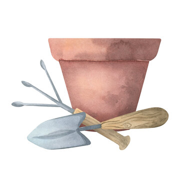 watercolor terracotta pot with gardening tools clip art preview