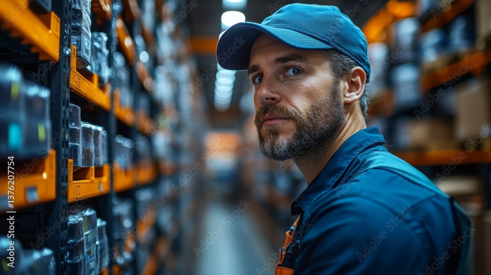 Poster A dedicated worker monitors the inventory in a modern logistics center, ensuring efficient distribution and automation processes. The vibrant environment supports mobility and infrastructure.