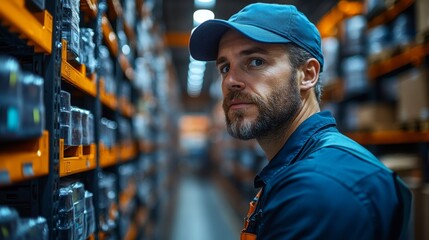 A dedicated worker monitors the inventory in a modern logistics center, ensuring efficient distribution and automation processes. The vibrant environment supports mobility and infrastructure.
