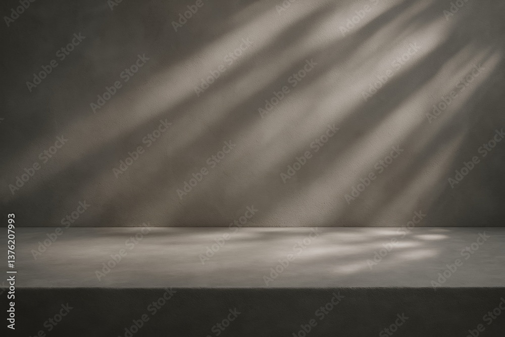 Poster empty table surface displaying shadows of plants on gray wall background, creating a minimalist and 