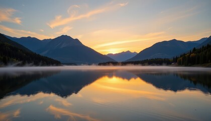 Fototapeta premium Sunset Over a Mountain Lake A serene mountain lake reflecting the soft colors of sunset, with mist rising from the water's surface.