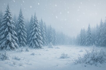 Obraz premium Soft snowflakes are gently falling on majestic spruce trees, creating a serene and magical winter wonderland forest scene, evoking a sense of tranquility and peace