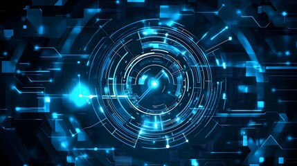 Obraz premium A futuristic digital interface with glowing blue circuits and circular patterns on a dark background, representing advanced technology and data processing.