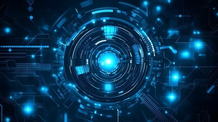 Obraz premium A futuristic digital interface with a central glowing blue light and various technological elements surrounding it, suggesting advanced cyber technology and data processing capabilities.