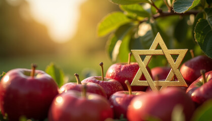 Celebration of Shavuot and Hanukkah with apples and a Star of David in a sunny orchard
