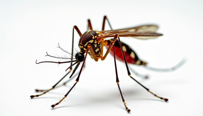 Close-up of a colorful mosquito resting on a white surface in a natural light setting