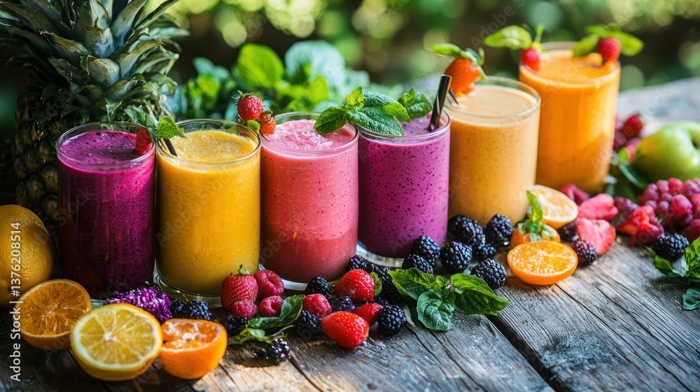Poster Multiple smoothies arranged on a picnic table with a variety of garnishes and bright summer vibes. 