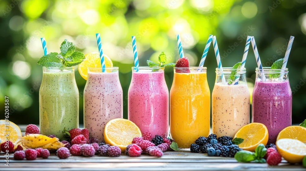 Poster Multiple smoothies arranged on a picnic table with a variety of garnishes and bright summer vibes. 