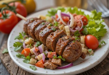 A collage of different photos of grilled meat dishes, including kebabs and shawarma
