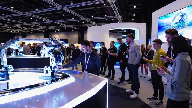 Attendees observing and interacting with a robotic arm, displayed on a platform, during a technology convention, where innovation and future trends are explored