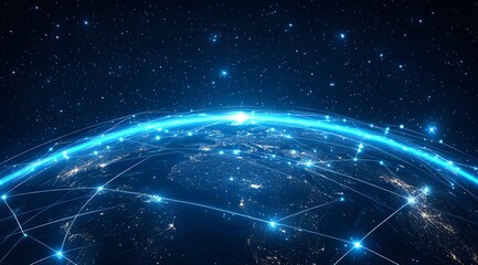 Obraz premium A stunning view of Earth from space at night, showcasing the interconnected global network illuminated by vibrant blue lines against a starry backdrop.