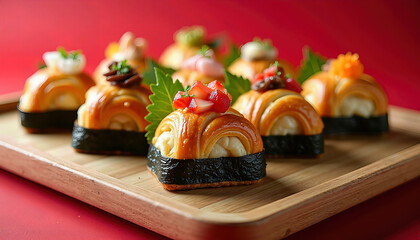 Delicious sushi art displayed on a wooden platter with vibrant toppings