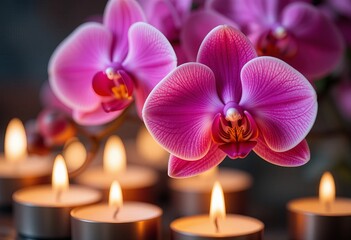 Fototapeta premium A spa treatment set up with a white wooden background, burning candles, fresh pink orchids, and spa products.