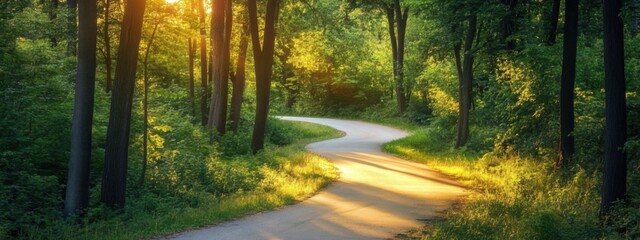 Obraz premium Winding path through a sunlit forest in the early morning hours