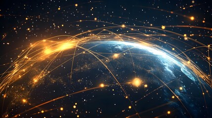 A mesmerizing depiction of the Earth from space with a network of glowing lines and dots symbolizing global connectivity and communication across continents.