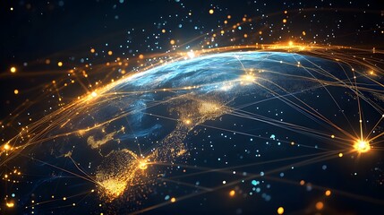 A stunning visualization of global connectivity showcasing the Earth at night with illuminated cities and a network of glowing lines representing digital communication links across continents.