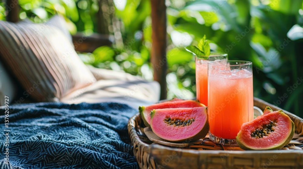 Poster pink guava slices served on a tray alongside a refreshing tropical juice in a garden
