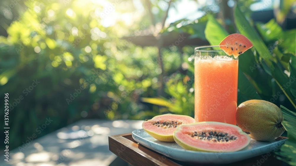 Poster pink guava slices served on a tray alongside a refreshing tropical juice in a garden