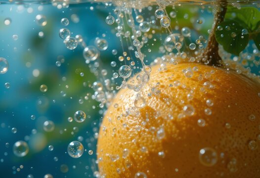 A looping cinemagraph of a grapefruit with water bubbles dancing around it