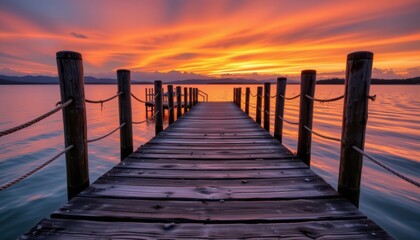 Obraz premium Wooden Dock with Sunset Reflections A rustic dock with water gently lapping against it, reflecting the sunset colors.