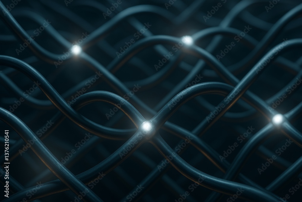 Poster intertwined cables forming a network mesh transmit data through glowing nodes, symbolizing interconn