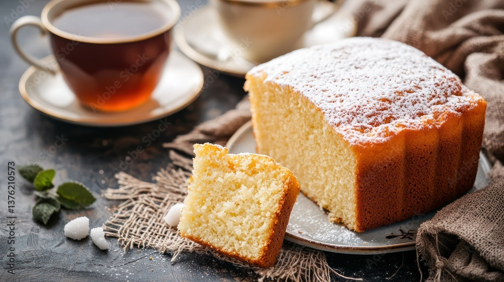 Poster plain pound cake served with tea and sugar.