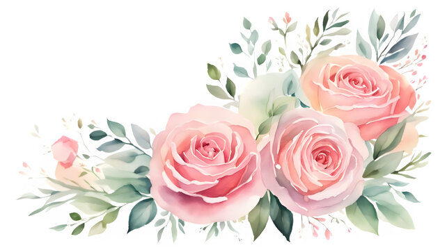 Watercolor Pink Roses Bouquet clipart, Elegant Floral Corner Arrangement, Blush Rose Botanical Composition

