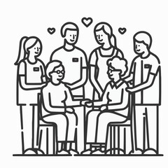 Vector illustration of elderly care home staff supporting seniors with love and compassion
