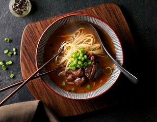 Top view of Taiwanese beef noodle soup garnished with chopped spring onion, served with a spoon and chopsticks 