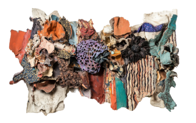 Innovative abstract creation combining tactile fabric details with dynamic paint applications isolated on white background PNG