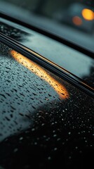 Raindrops on car window reflecting city lights creating a calming scene