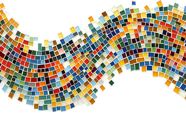 Abstract mosaic artwork featuring small colorful tiles arranged in intricate patterns isolated on white background PNG