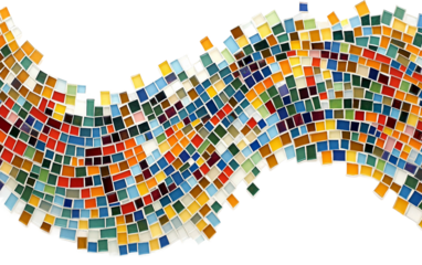 Abstract mosaic artwork featuring small colorful tiles arranged in intricate patterns isolated on white background PNG