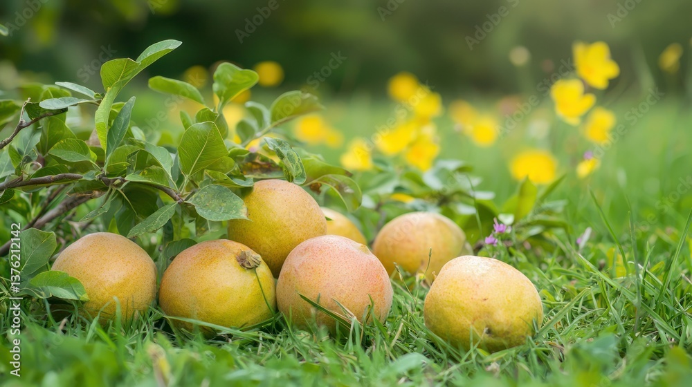 Poster ripe guava fruits scattered on a soft grass field surrounded by wildflowers.