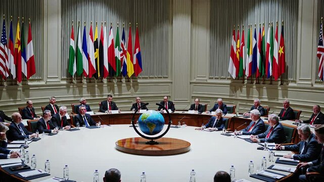High ranking officials from various countries are gathering around a circular table, engaging in discussions on global affairs, with national flags displayed prominently in the background