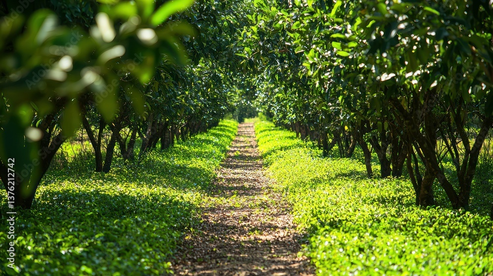 Poster rows of guava trees with their leaves forming a natural canopy, providing shade on a rural path.