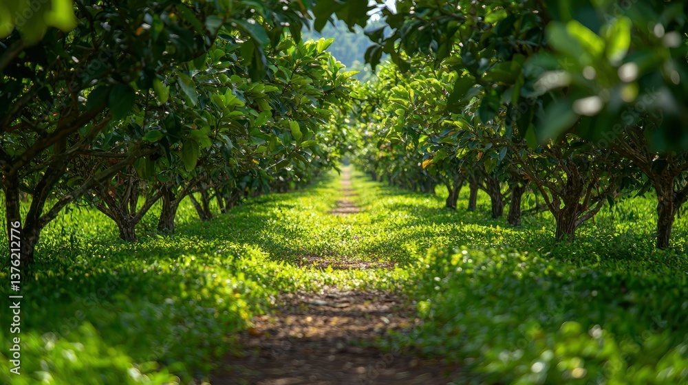 Poster rows of guava trees with their leaves forming a natural canopy, providing shade on a rural path.