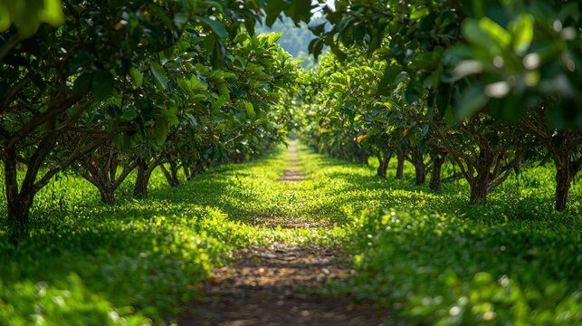 Rows of guava trees with their leaves forming a natural canopy, providing shade on a rural path. 