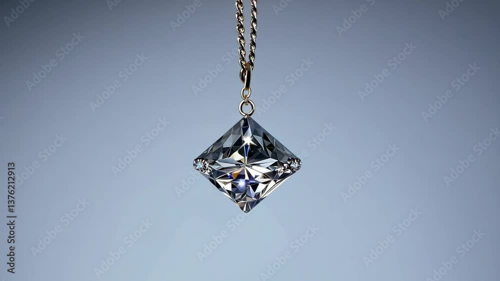 Poster a diamond pendant is suspended from a chain. the pendant is a diamond shape and is hanging from the 