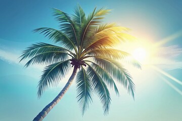 Simple Coconut Palm Tree Illustration, Tropical Summer Vacation Symbol,  Island Paradise Graphic Design Element