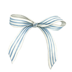 Bow white with blue stripes watercolor illustration hand drawn and isolated from the background. Elegant Bow for decor of compositions and your design