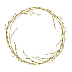 Wreath of branches with buds watercolor illustration hand drawn and isolated from background. Spring wreath with small leaves for packaging and seasonal design.
