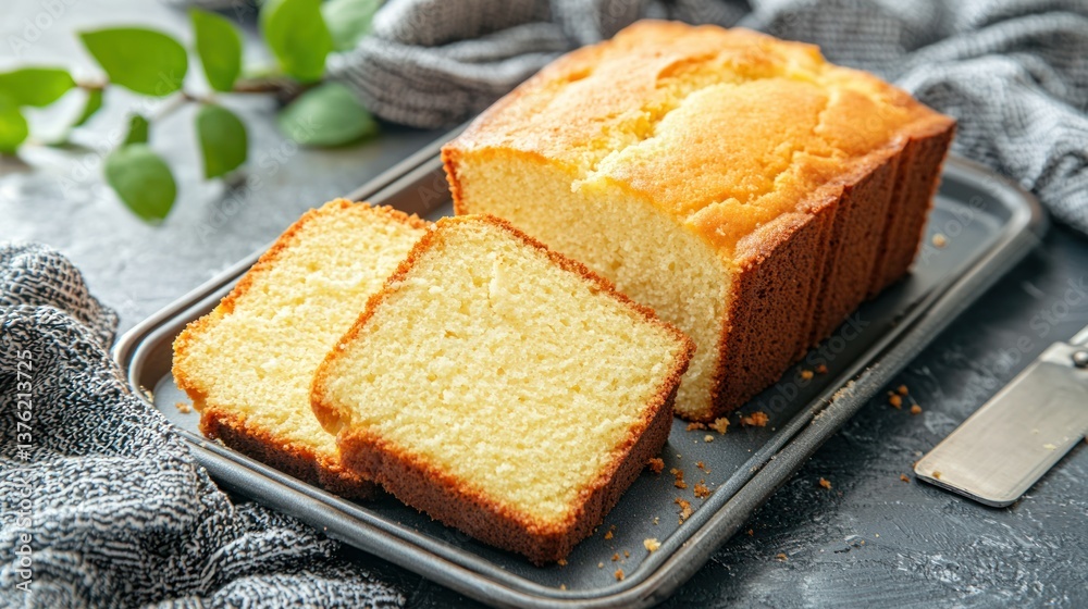 Poster simple pound cake sliced on a tray.