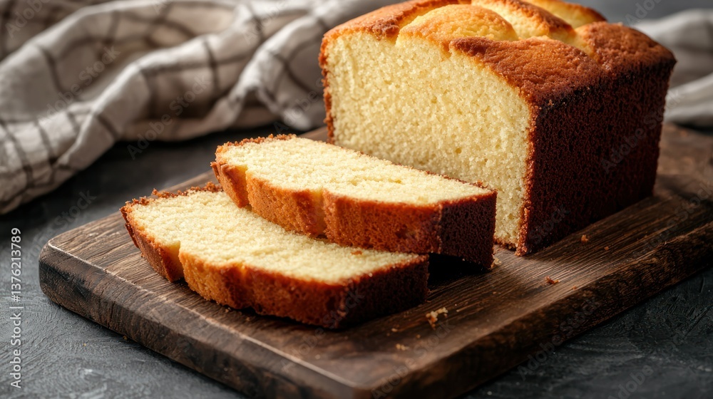 Poster simple pound cake sliced on a tray.